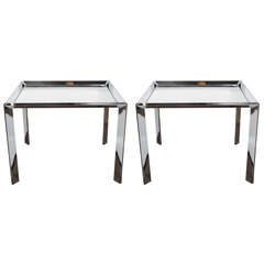 Pair of Modernist End Tables in Chrome with Mirrored Tops