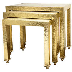 Set of Three Exotic Nesting Tables with Ostrich Eggshell Tops