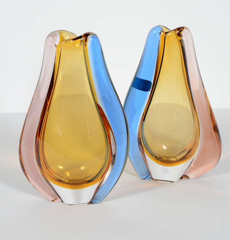 Czech Pair of Modernist Teardrop Vases in Handblown Glass by Bohemia