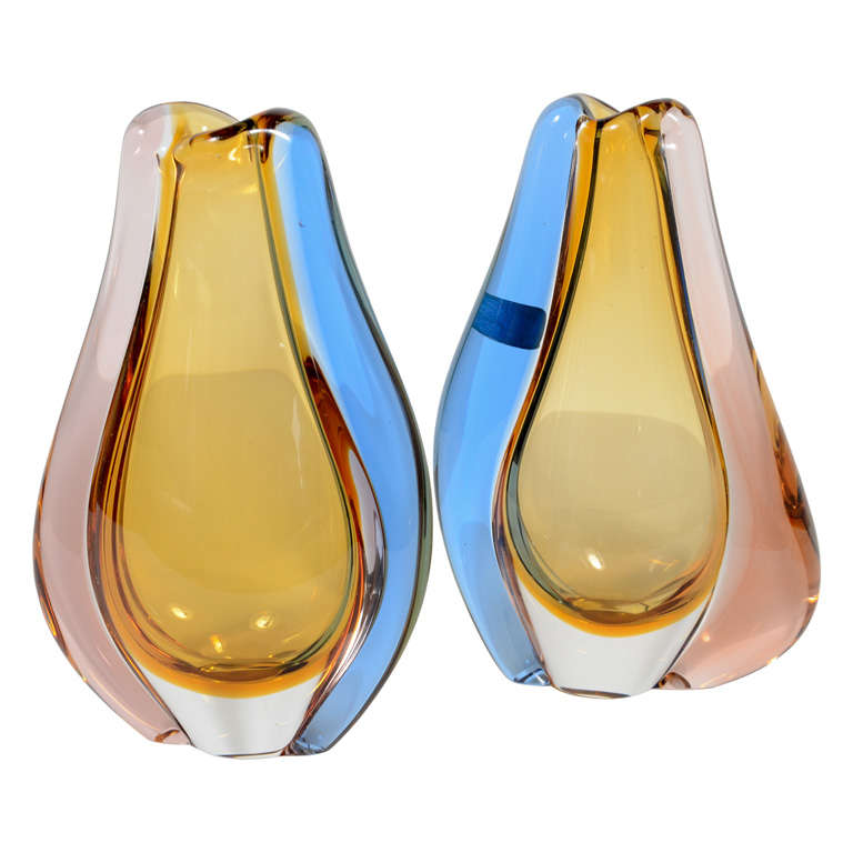 Pair of Modernist Teardrop Vases in Handblown Glass by Bohemia