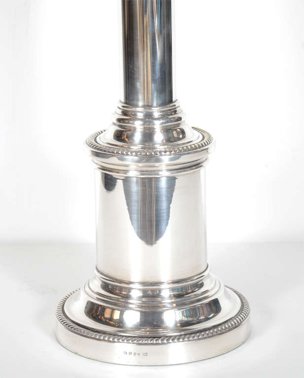 English Pair of Elegant Silver Plated Column Lamps with Ribbon Banded Details