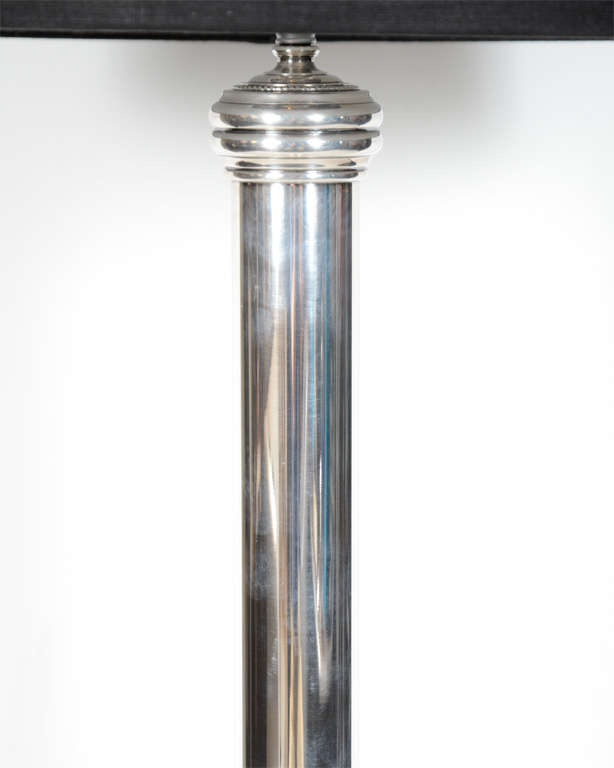Pair of Elegant Silver Plated Column Lamps with Ribbon Banded Details In Excellent Condition In Fort Lauderdale, FL