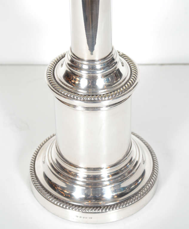 Pair of Elegant Silver Plated Column Lamps with Ribbon Banded Details 1