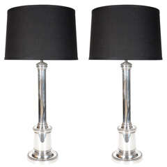 Pair of Elegant Silver Plated Column Lamps with Ribbon Banded Details