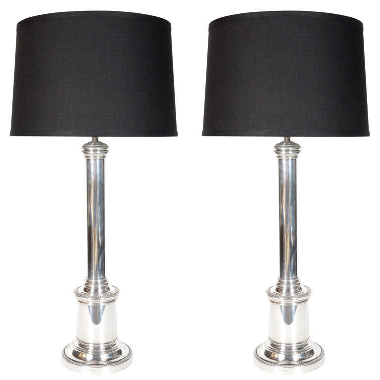 Pair of Elegant Silver Plated Column Lamps with Ribbon Banded Details