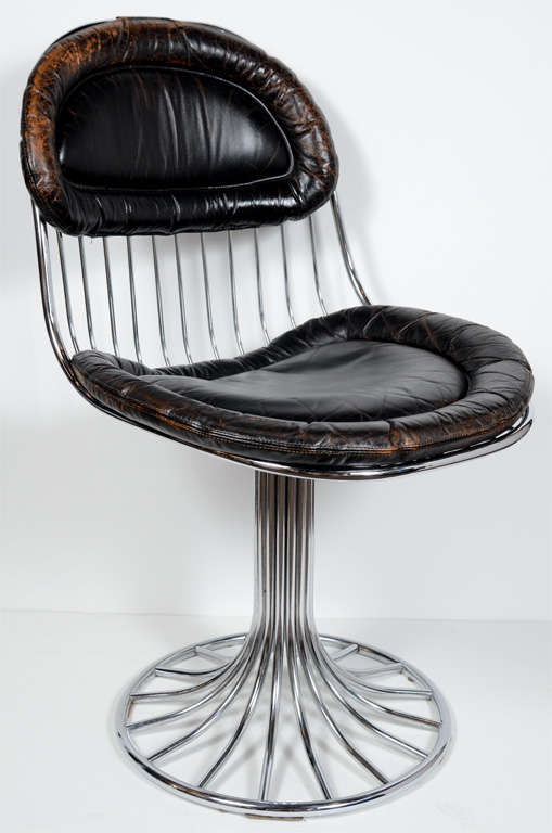 Set of Six Modernist Sculptural Chrome and Vintage Leather Dining Chairs