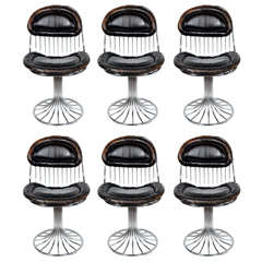 Set of Six Modernist Sculptural Chrome and Vintage Leather Dining Chairs