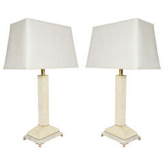 Pair of Neoclassical Column Lamps in Exotic Ostrich Eggshell With Marble Bases
