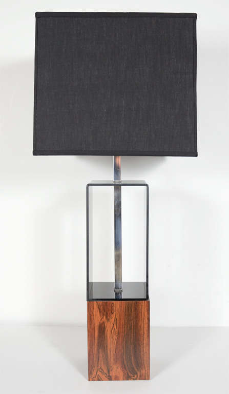 Pair of Mid Century Smoked Lucite and Wood Modernist Lamps In Excellent Condition In Fort Lauderdale, FL