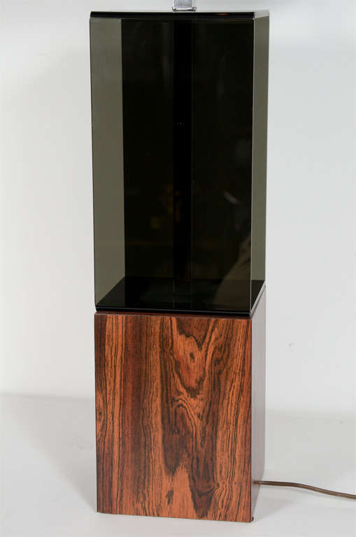 Pair of Mid Century Smoked Lucite and Wood Modernist Lamps 2