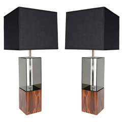 Pair of Mid Century Smoked Lucite and Wood Modernist Lamps 