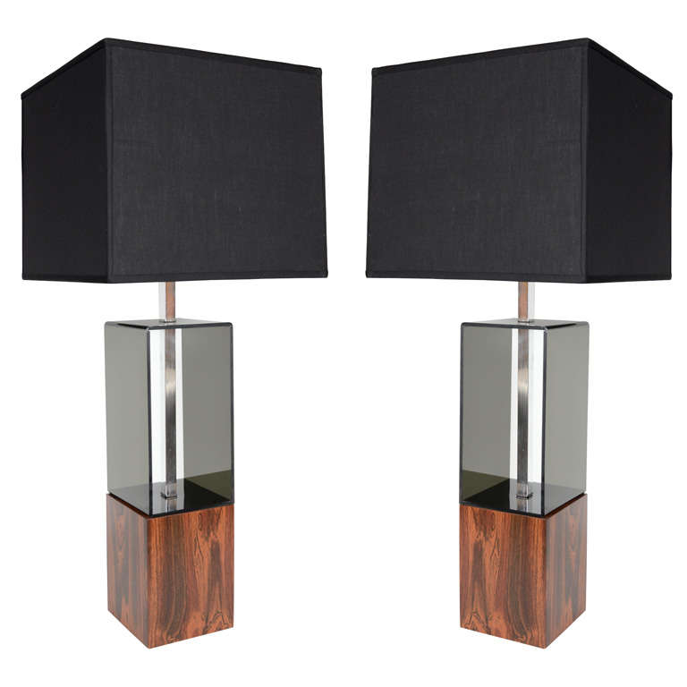 Pair of Mid Century Smoked Lucite and Wood Modernist Lamps