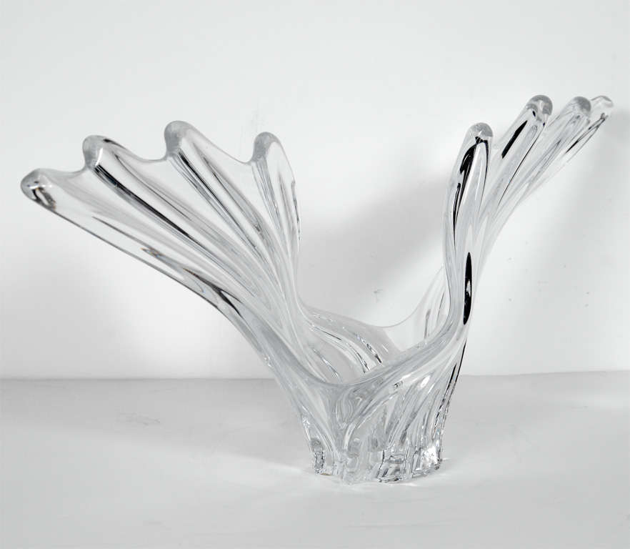 Exquisite handblown crystal bowl or centerpiece with stylized wave or wing form. SIgned Art Vannes, France.