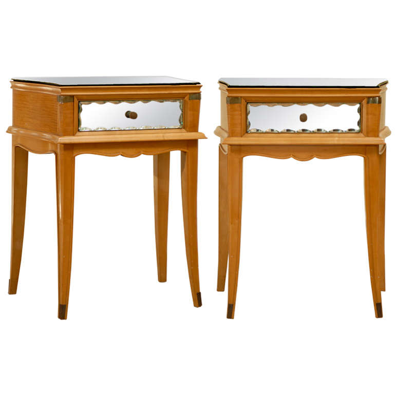 Stellar Pair of Art Deco End Tables with Mirror and Brass Accents
