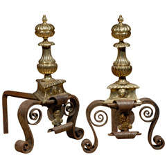 Used Large Pair of 20th Century Iron & Brass Andirons