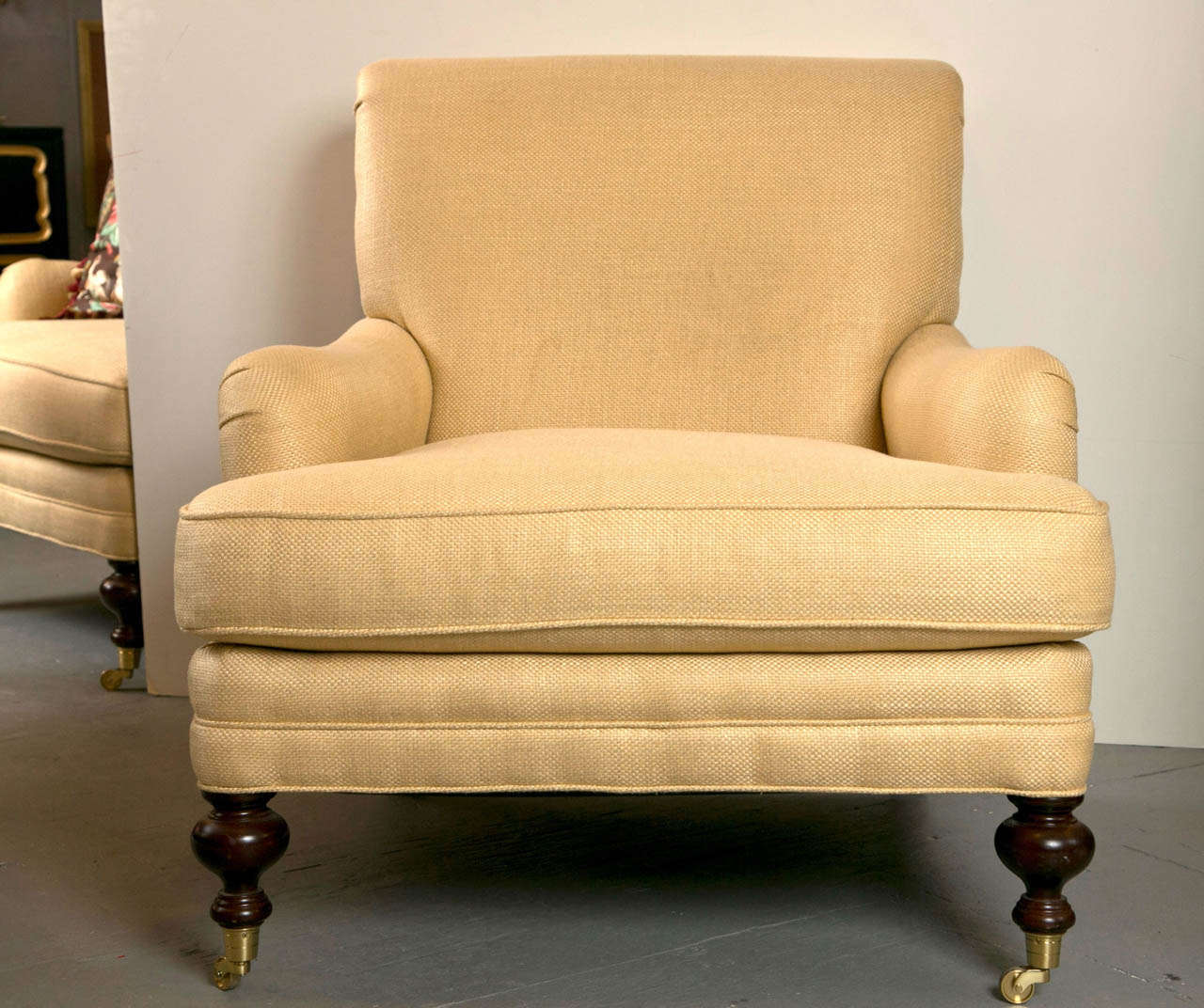 Pair of 20th c Chairs on Casters, Upholstered in Straw Colored Linen