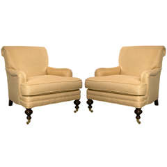 Pair of 20th c Chairs on Casters, Upholstered in Straw Colored Linen