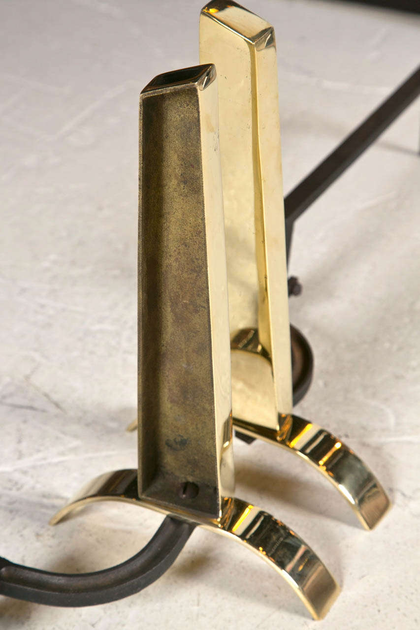 Mid Century Brass Andirons in the Manner of Deskey In Excellent Condition In Stamford, CT