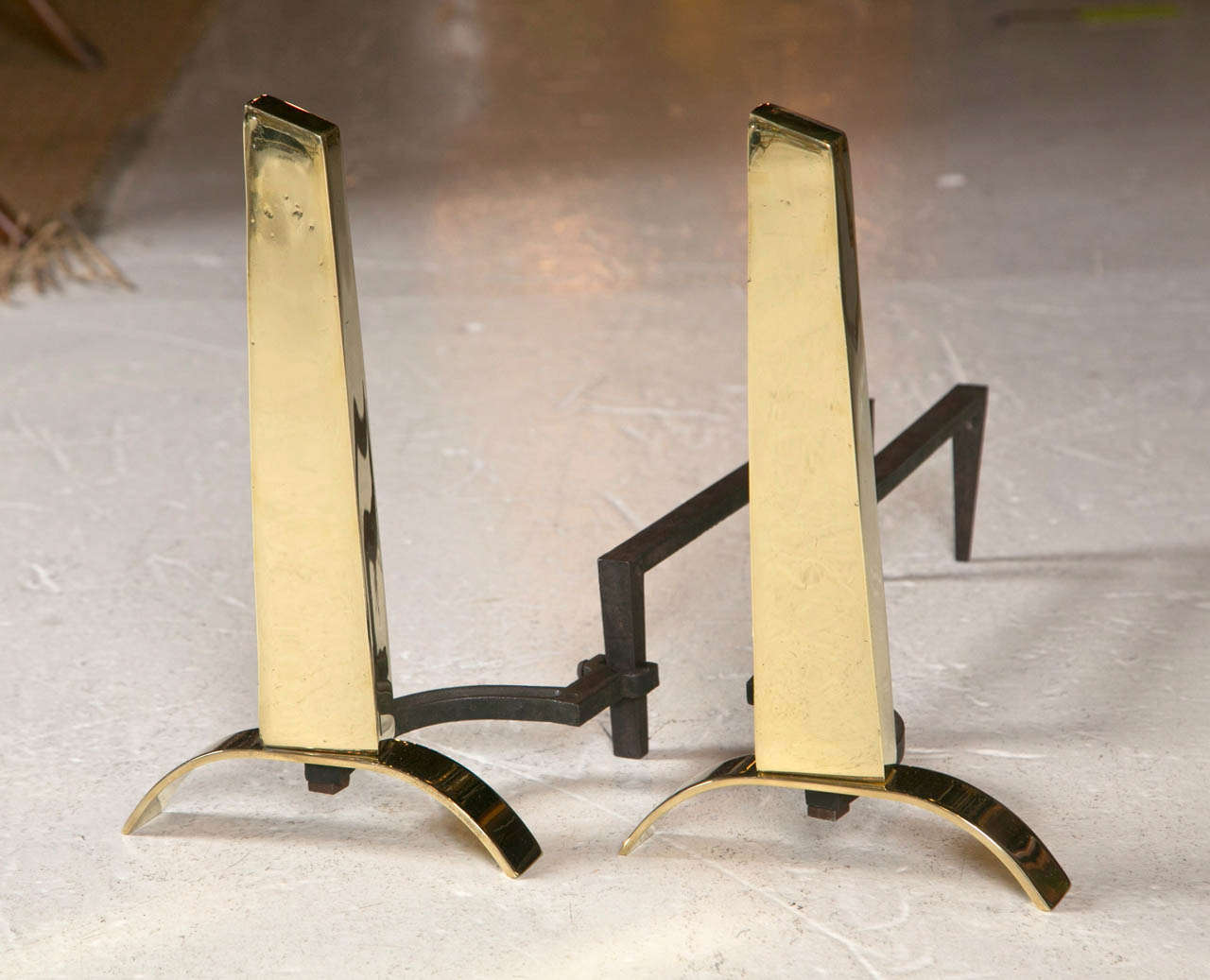 Mid Century Brass Andirons in the Manner of Deskey, Newly polished