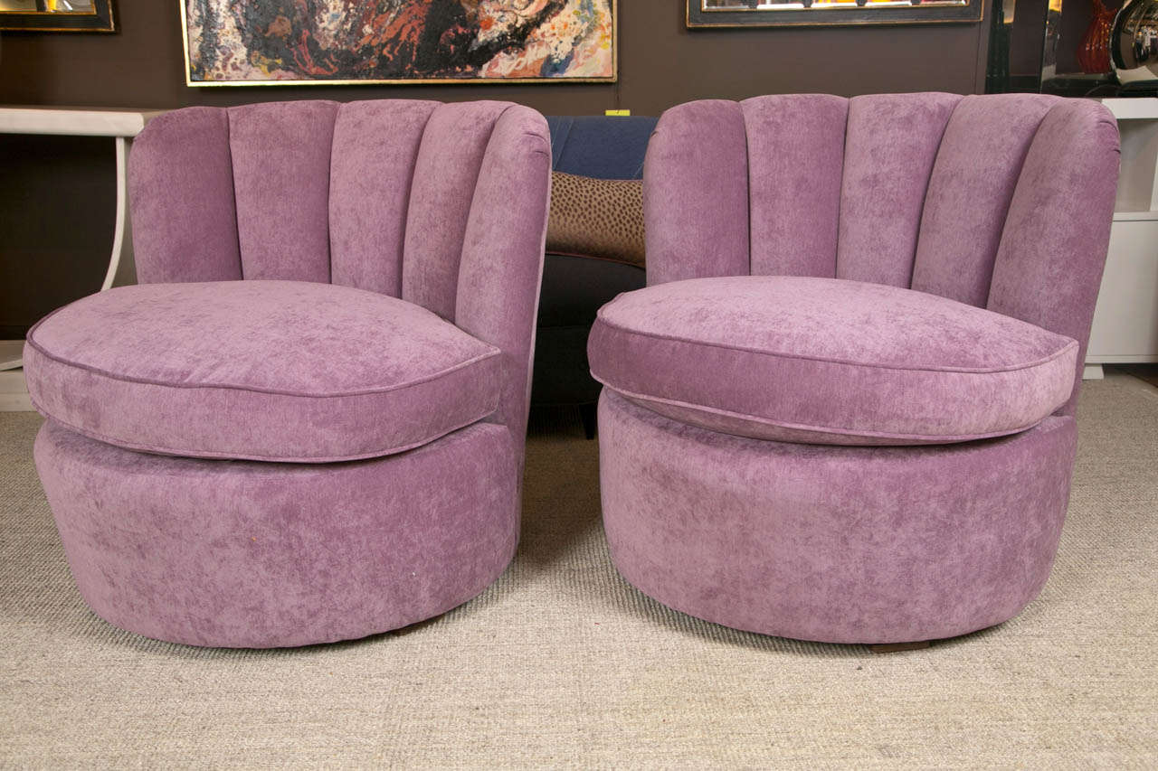 Pair of 1940's Swivel Lounge Chairs Upholstered in Purple Velvet at 1stDibs