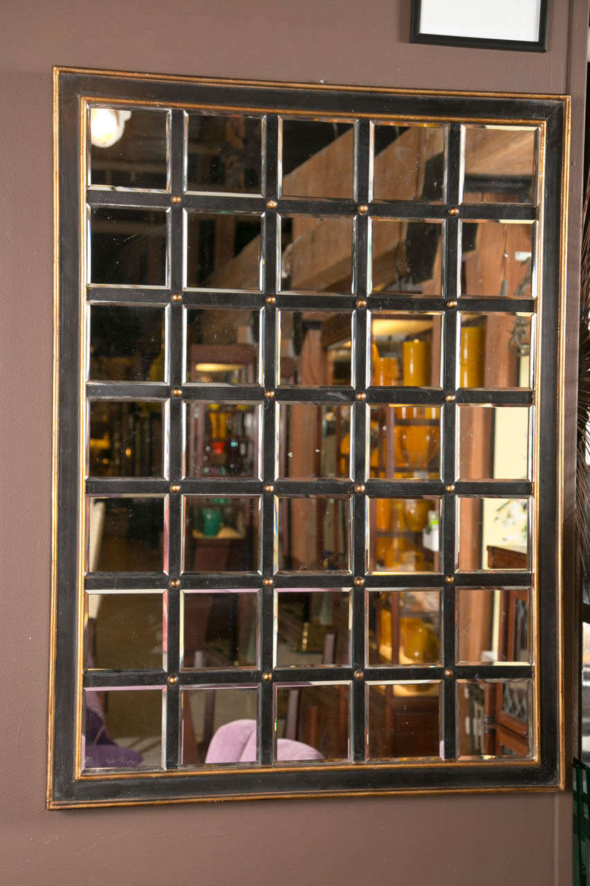 Pair of Modern Black and Gilt Windowpane Mirrors with Beveled Panels at