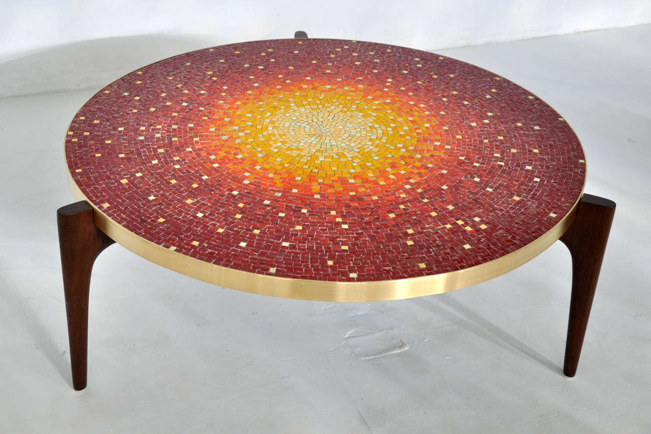 Glass tile cocktail table by Vladimir Kagan. Vibrant mosaic with brass band over refinished walnut base.