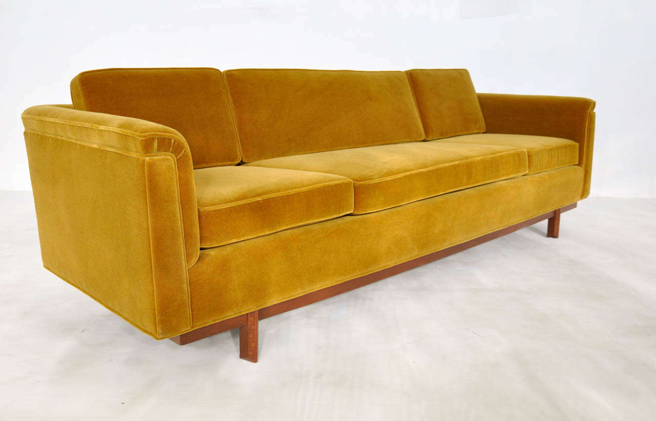 Taliesin sofa by Frank Lloyd Wright FLLW for Henredon. Walnut base refinished. Reupholstered in mohair.