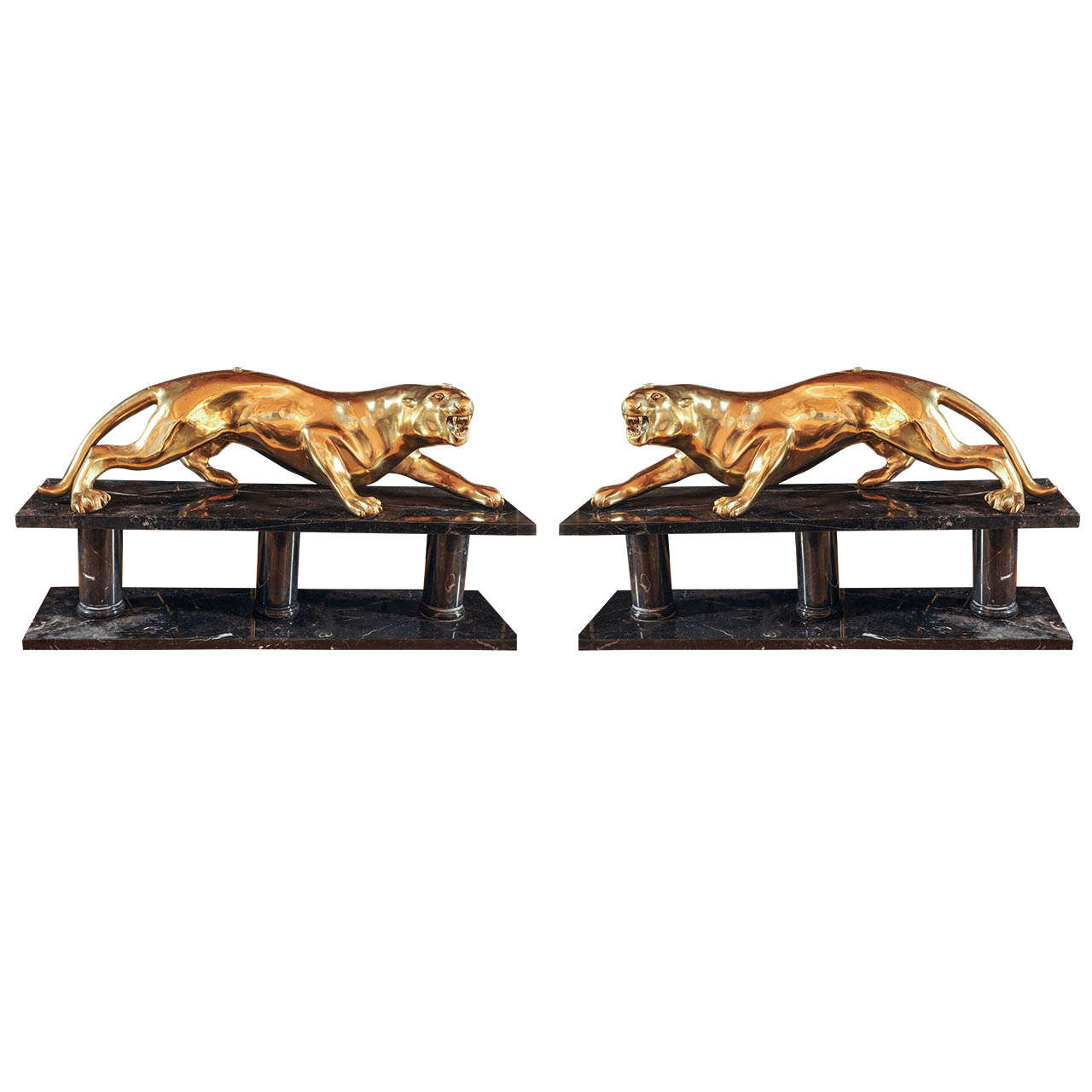 Pair of Amazing Maison Jansen Gold Plated Bronze Sculptures of Leopards