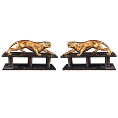 Vintage Pair of Amazing Maison Jansen Gold Plated Bronze Sculptures of Leopards