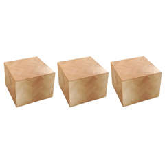 Set Of 3 Side Tables On Wheels With Herringbone Patterned Travertine