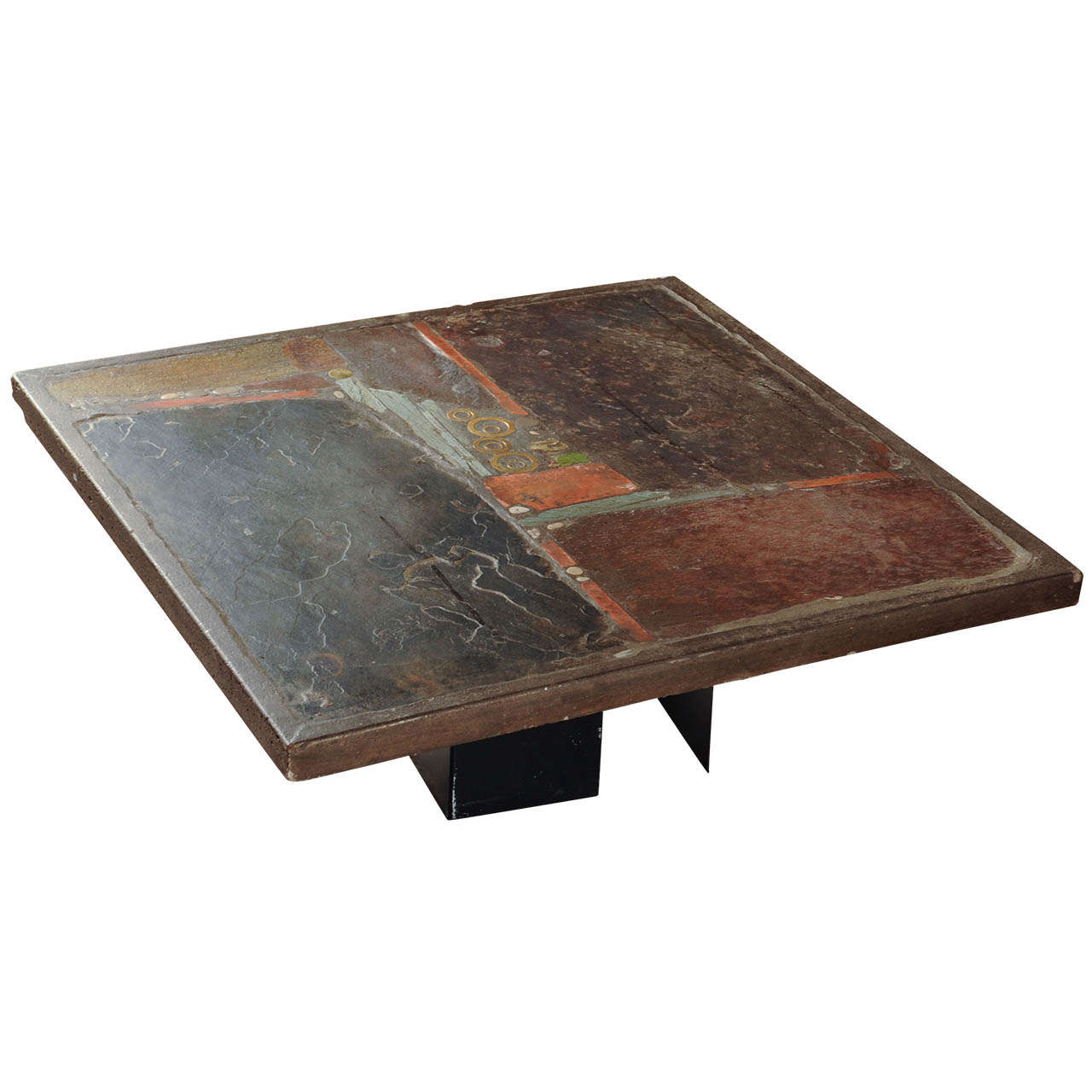 Slate Stone Square Coffee Table by Paul Kingma; Signed "Kingma 1979" at