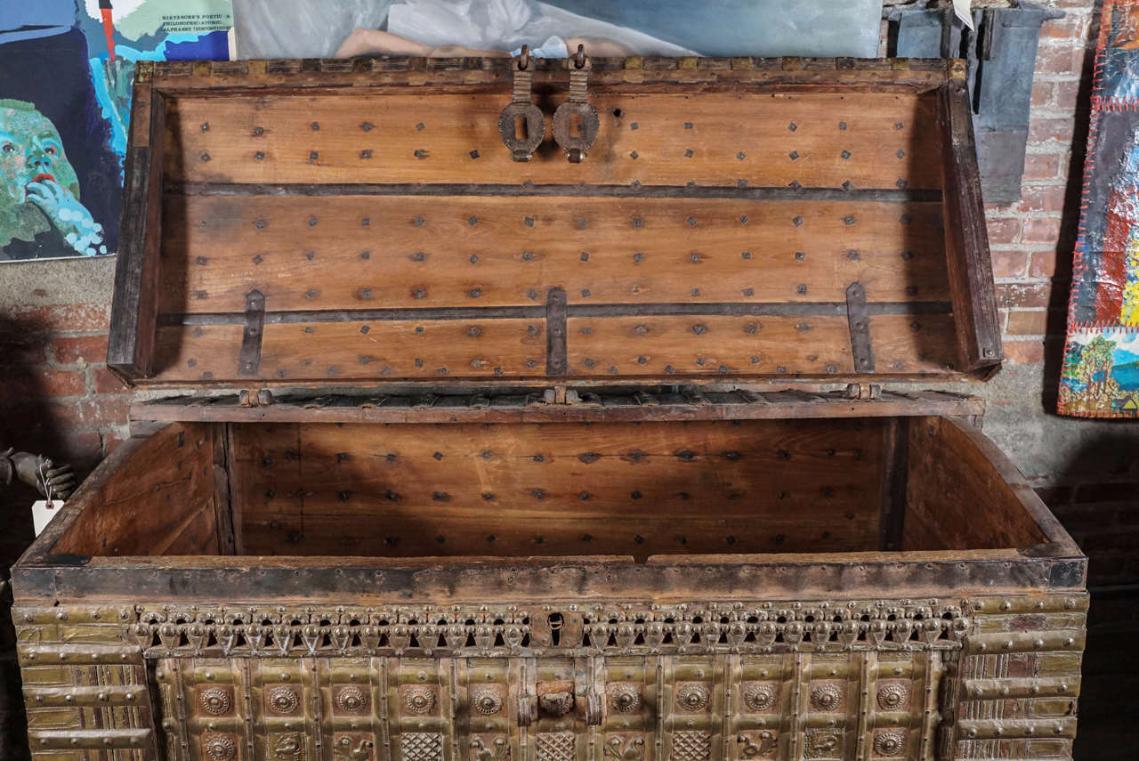 Hammered Teak and Iron Damchiya Dowry Chest, circa 1870 For Sale