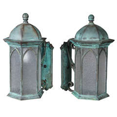 Solid Brass and Textured Glass Sconces, circa 1920
