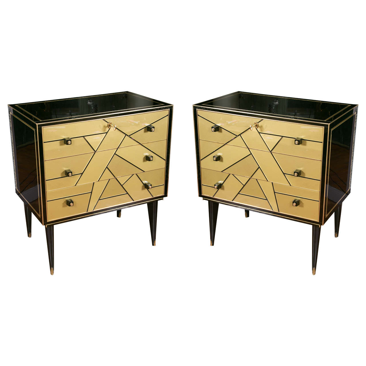Pair of Black and Gold Mirrored Commodes