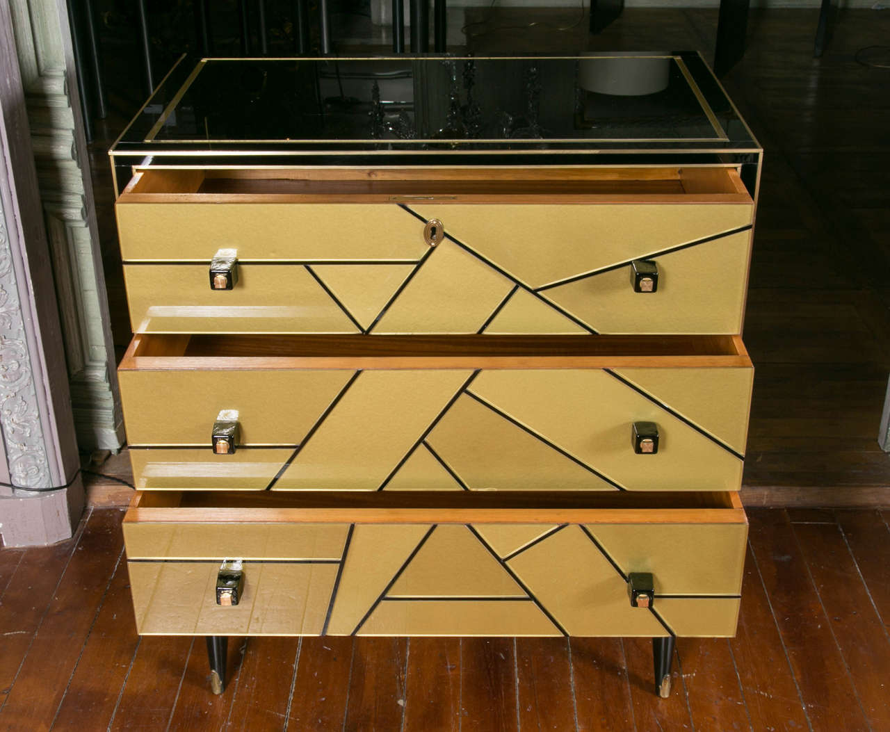 Modern Pair of Black and Gold Mirrored Commodes
