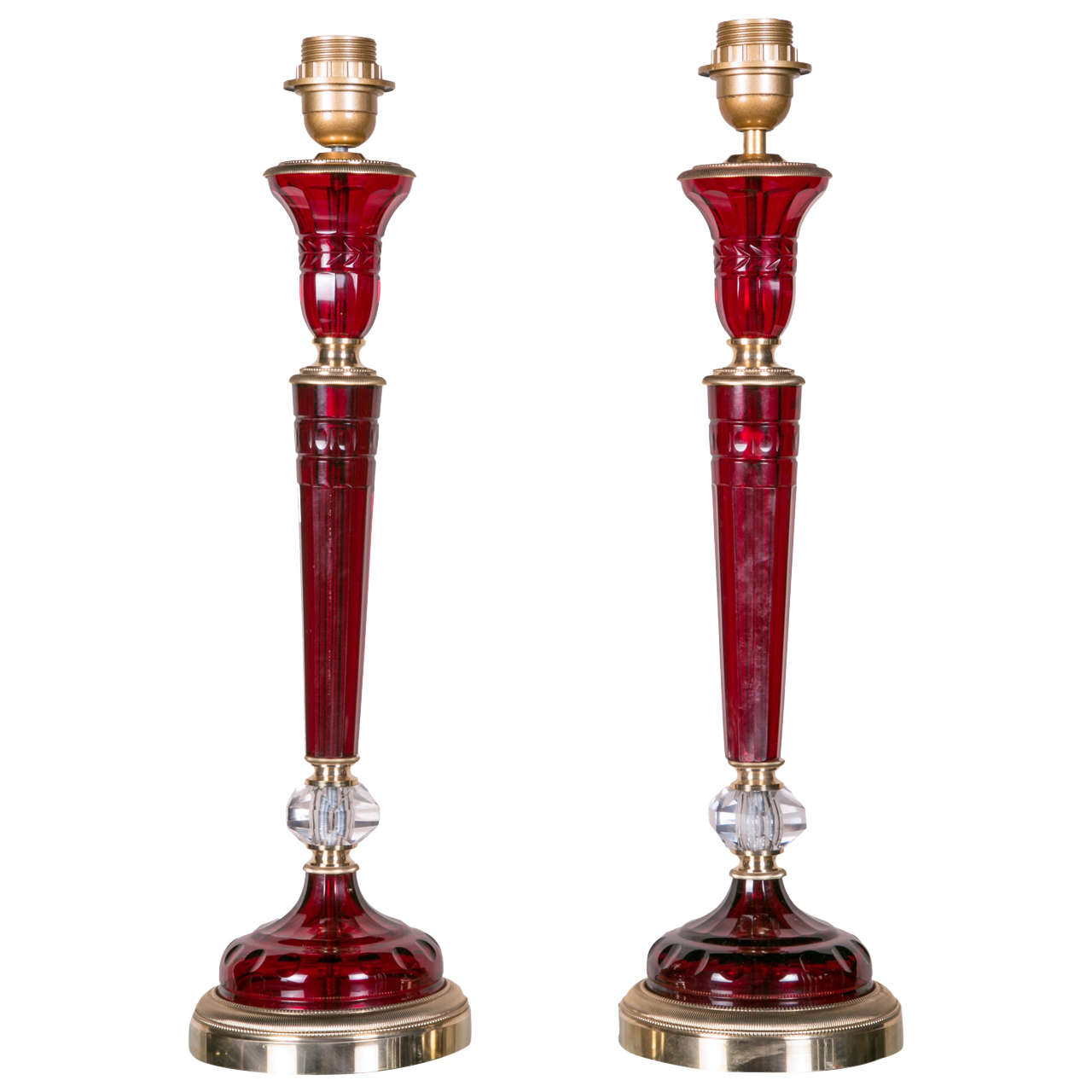 Pair of Lamps in Ruby Red Crystal and Bronze For Sale