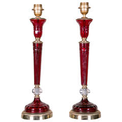 Pair of Lamps in Ruby Red Crystal and Bronze