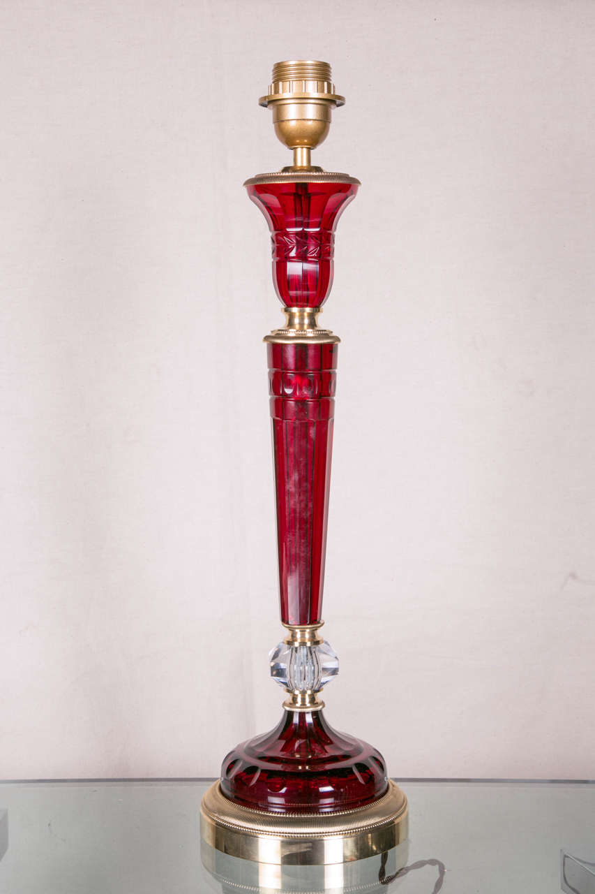 French Pair of Lamps in Ruby Red Crystal and Bronze For Sale