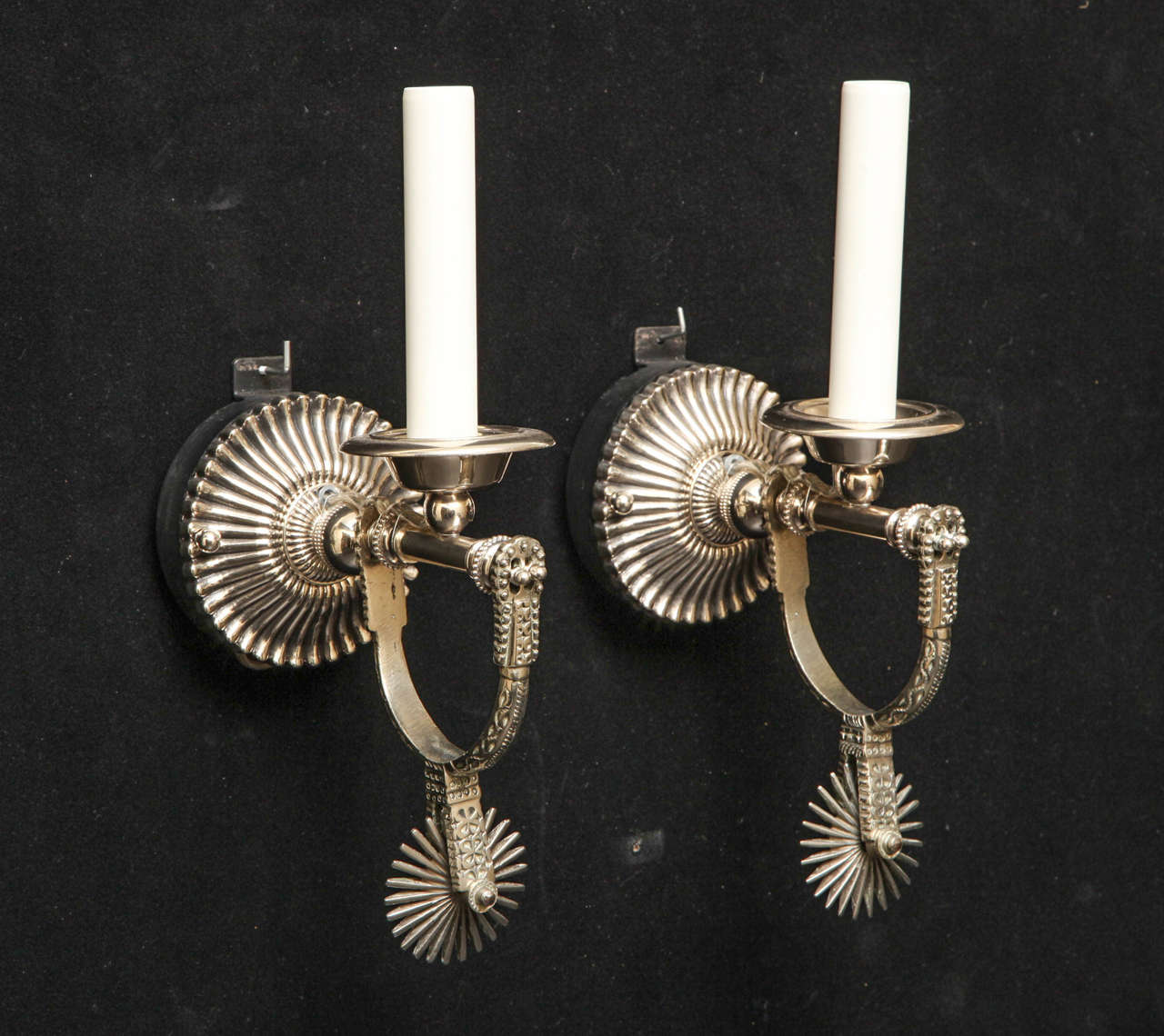 Pair of One Light Silver, Iron And Bronze One Light Sconces With Gadrooned Back plates With Articulating Spurs