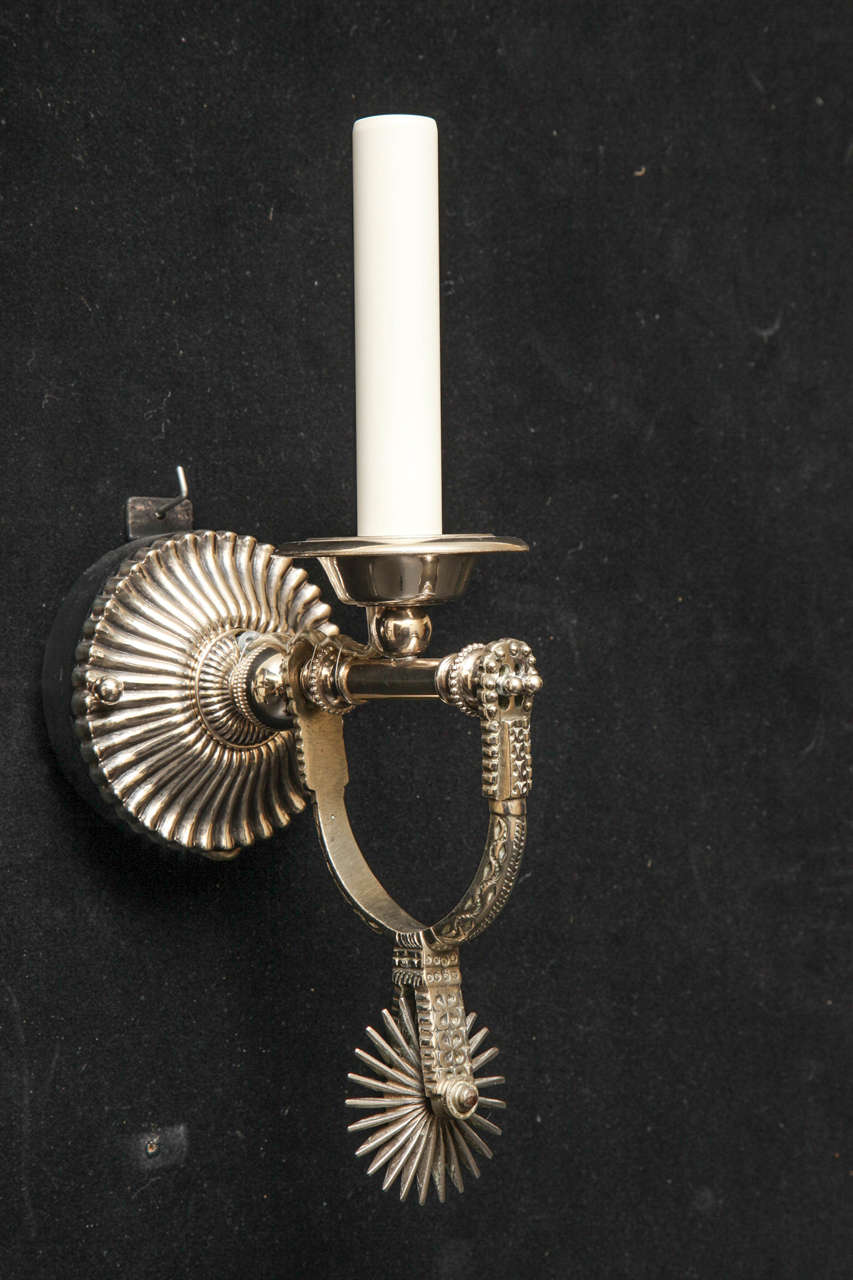 Aesthetic Movement Silver, Iron and Bronze Gaucho Spur Sconces For Sale