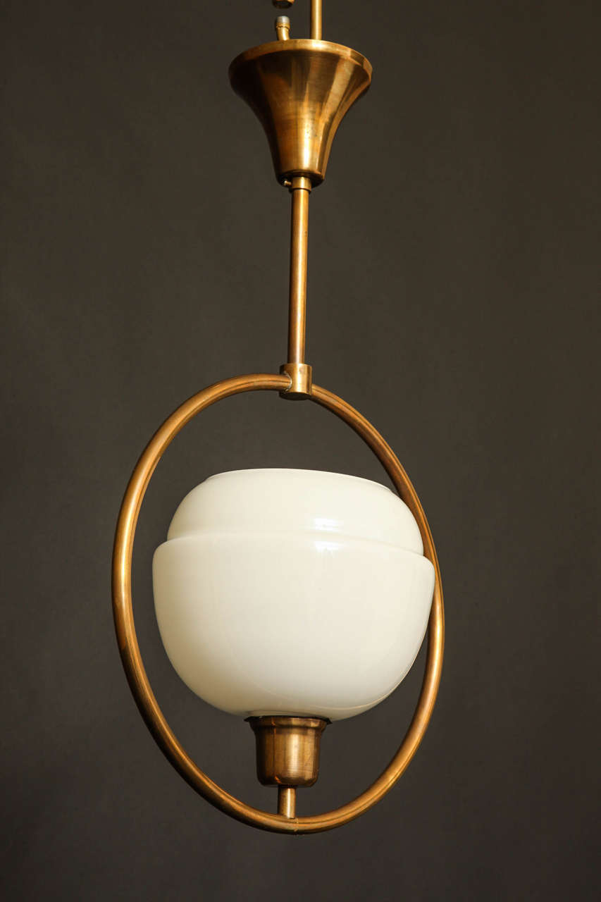 Mid-Century Modern Opaline Glass and Brass Pendant For Sale