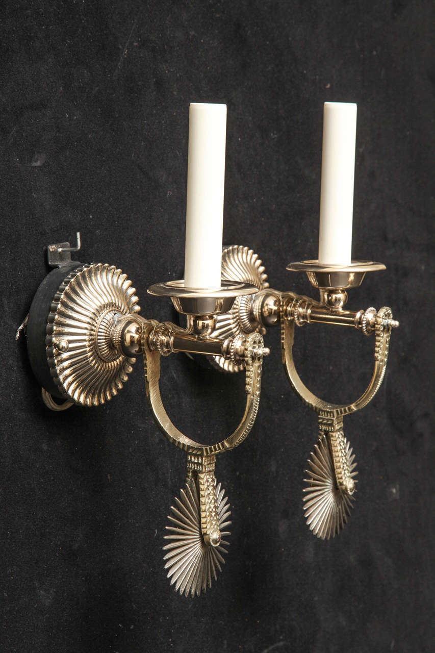 Iron and Silver Gaucho Spur Sconces with Articulating Spurs In Excellent Condition For Sale In New York, NY