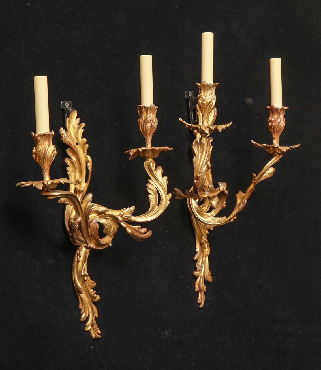 Pair of L. XV Style Gilt Bronze Two Light Left and Right Sconces.
Each Sconce is Done With A Beautiful Acanthus Decoration