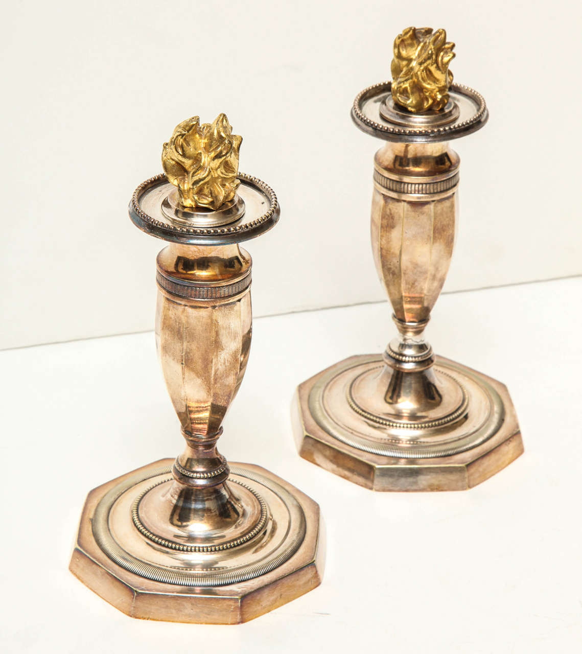 Pair of Silver Directoire Candlesticks with Gold Flames For Sale 1