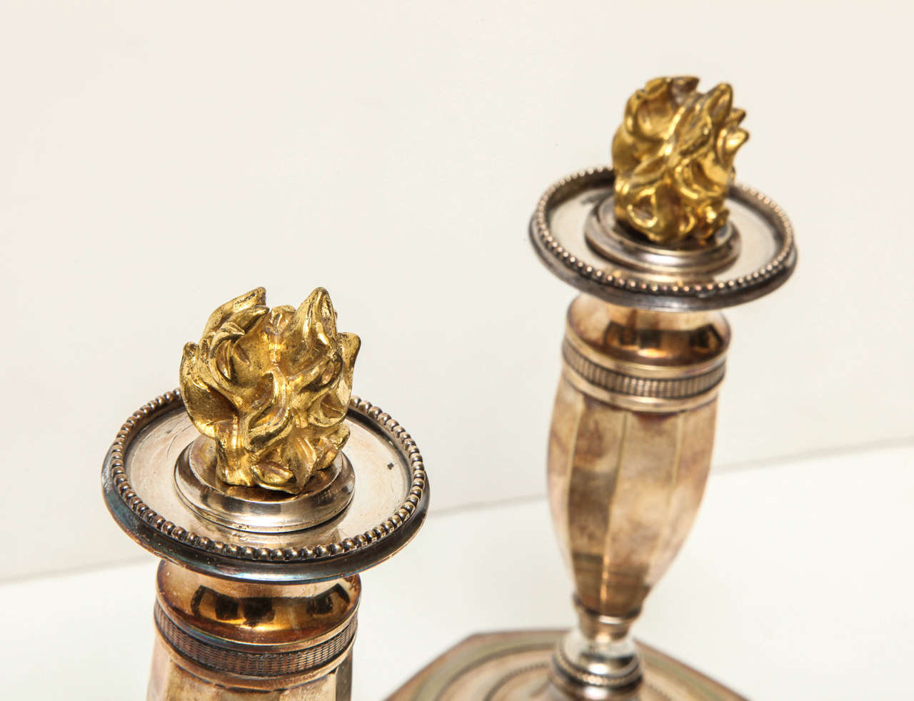 Pair of Silver Directoire Candlesticks with Gold Flames For Sale 2