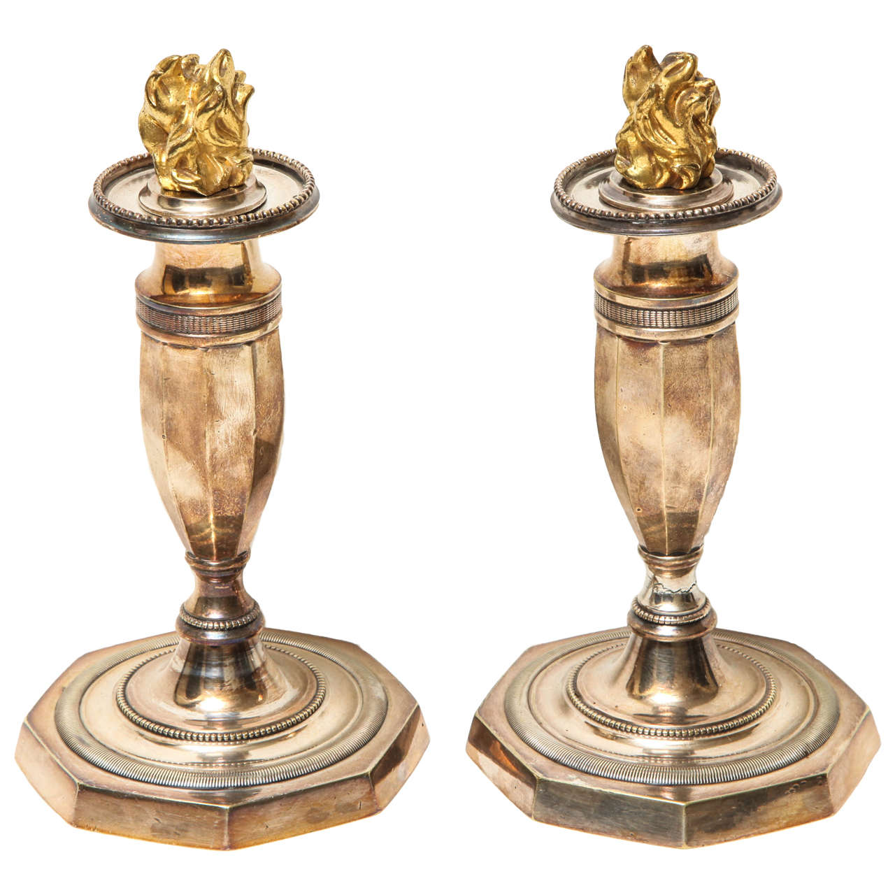 Pair of Silver Directoire Candlesticks with Gold Flames For Sale