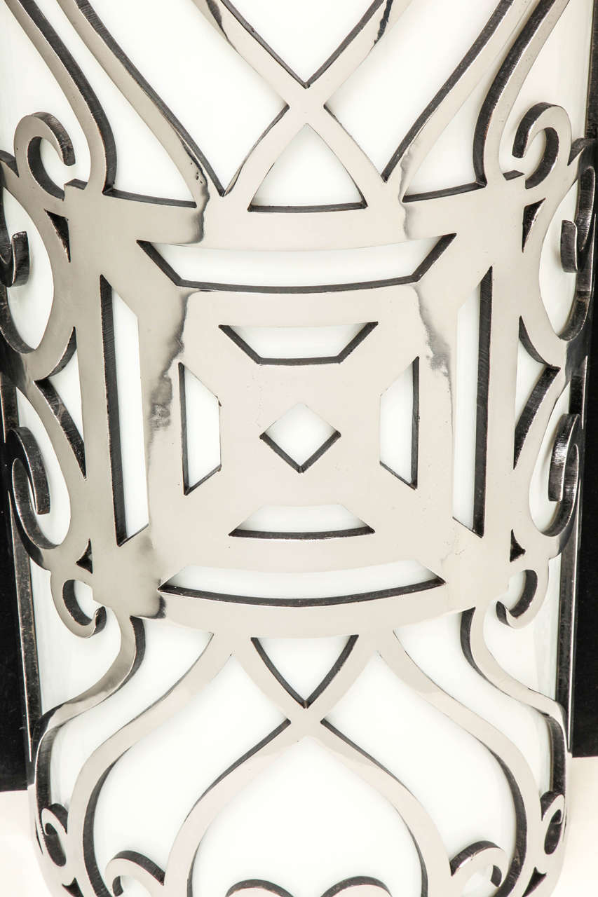 Monumental Polished Iron Art Deco Sconces with Opaline Glass In Excellent Condition For Sale In New York, NY