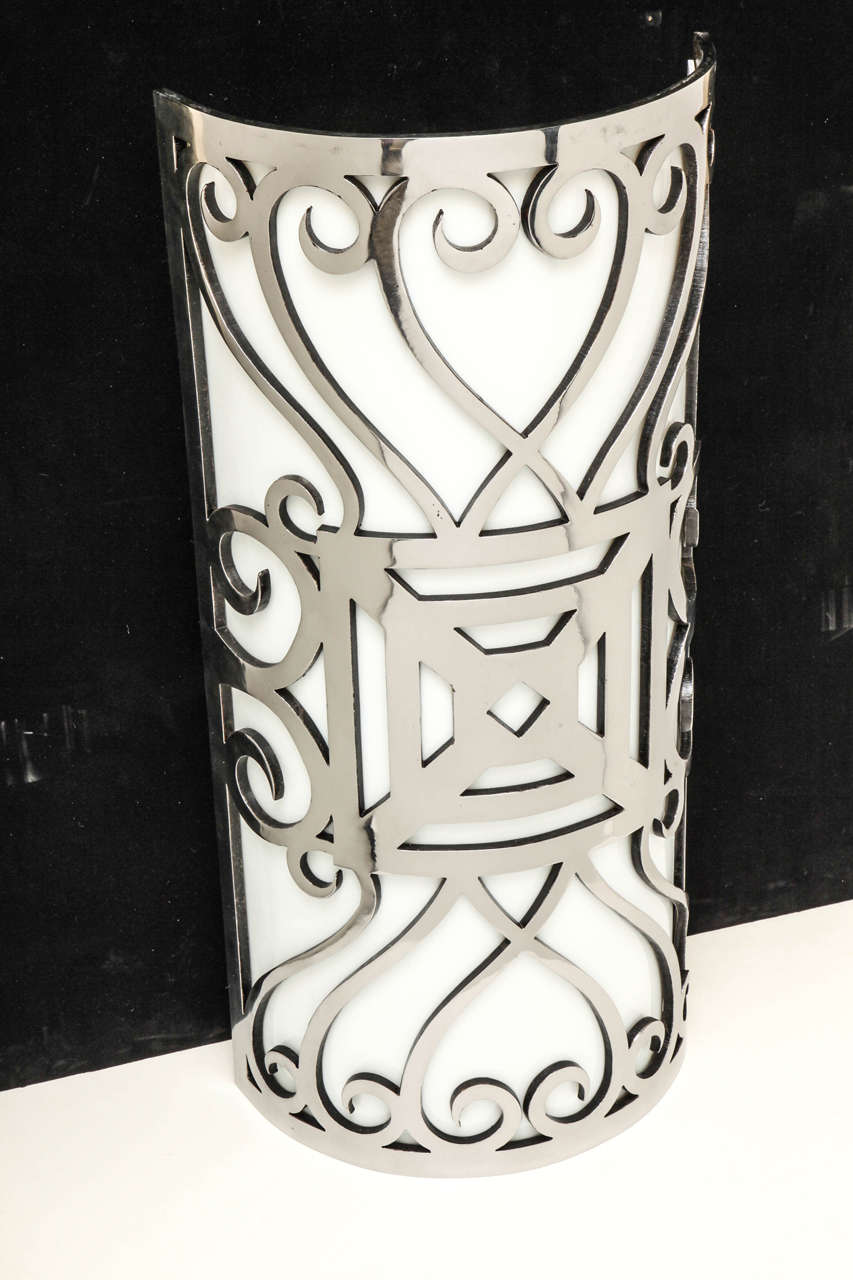 Monumental Polished Iron Art Deco Sconces with Opaline Glass For Sale 2