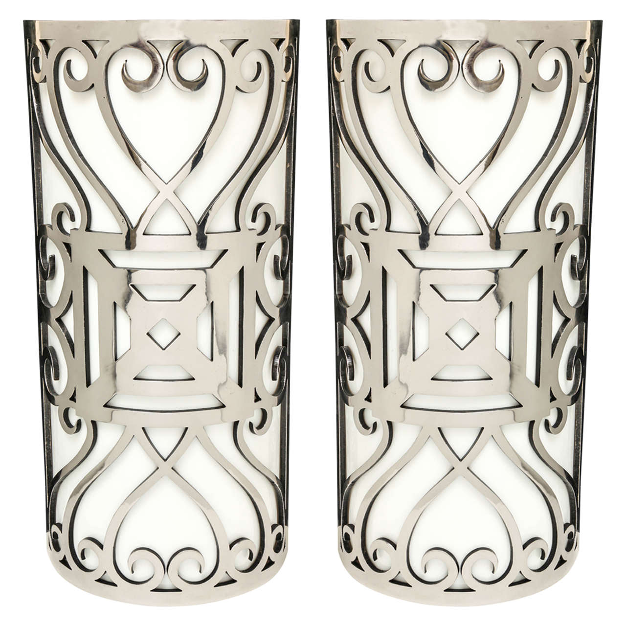 Monumental Polished Iron Art Deco Sconces with Opaline Glass For Sale