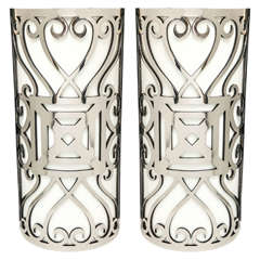 Monumental Polished Iron Art Deco Sconces with Opaline Glass